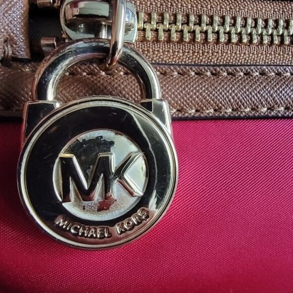 Michael Kors Kempton Red Nylon Tote with Brown Leather Handles & Bottom - Picture 2 of 15